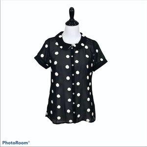 ModCloth sheer button down Peter Pan collar large white polka dots blouse
